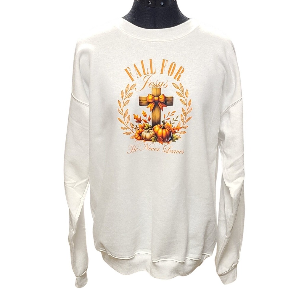 Hanes EcoSmart White Fall For Jesus Christian Autumn Pumpkin Sweatshirt Medium